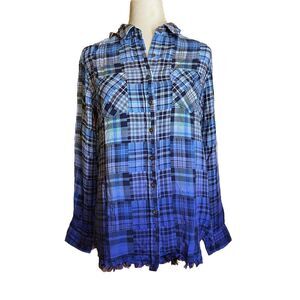 Womens Jacks Girlfriend Navy Button Down Top  Plaid Shirt Size Small